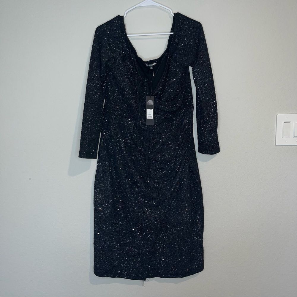 Fashion Nova XL NWT Elegant Black Glitter faux wrap long sleeve Dress Stretchy
